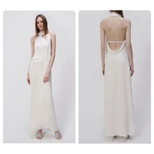 NWT Jonathan Simkhai Open Back Satin Vittoria Draped Scarf Maxi Gown Ivory Sz 0